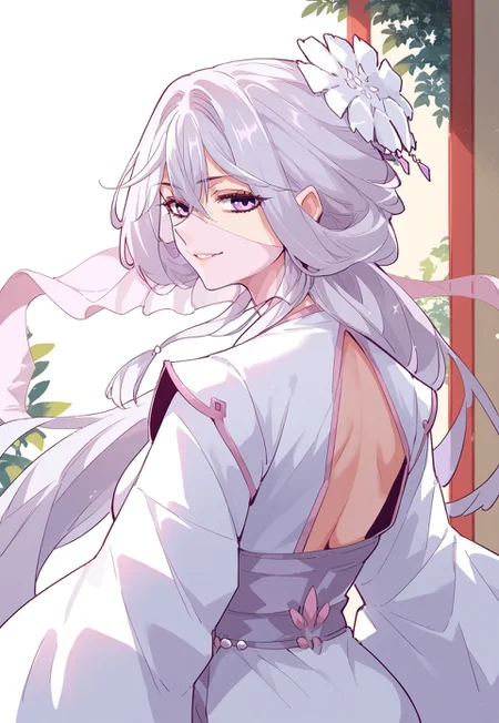 zPDXL3, score_9_up, score_8_up, score_7_up, (Anime_source), 1girl, PChuQingCheng, lavender eyes, white hair, long hair, half updo, Qing clothes, veil mask, (looking back), upper body, looking at viewer, smile