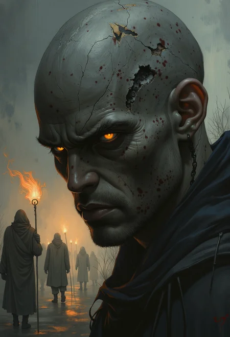 A realistic, extreme close-up of a mutant's face, hyperdetailed, with textured, weathered skin glistening under the faint light of flickering torches. The character's eyes glow faintly in the dark, reflecting the eerie ambiance of a storm of ash swirling around them. The scene is cinematic, with dramatic lighting casting deep shadows, and the background hints at a silent procession of robed figures carrying torches that struggle to illuminate the oppressive gloom. The atmosphere is dark and dystopian, with a sense of foreboding. The image is rendered in broad, heavy brushstrokes, adding a painterly, almost surreal quality to the hyperdetailed portrait. The mutant's expression is one of quiet defiance, their features stark and unyielding against the bleak, ashen world around them., GTHAN, Gothic, A digital anime artwork in the style of cklg, OBxiaoxiang, ArsMJStyle, dnddarkestfantasy,.,extreme close-up, cinematic lighting, heavy brushstrokes, realistic portrait, mutant character, weathered skin, glowing eyes, dark dystopian theme, ash storm, robed figures, flickering torches, hyperdetailed, textured, dramatic shadows, oppressive atmosphere, surreal, painterly, quiet defiance, bleak world, ashen environment, GTHAN, Gothic, A digital anime artwork in the style of cklg, OBxiaoxiang, ArsMJStyle, dnddarkestfantasy,.,<lora:GTHAN-F:0.74> GTHAN, Gothic,<lora:ck-nc-luminal-genesis-000016:0.351> A digital anime artwork in the style of cklg,<lora:OBååå®èåç»V2.0:0.649> OBxiaoxiang,<lora:DnDDarkestFantasy:0.343> ArsMJStyle, dnddarkestfantasy