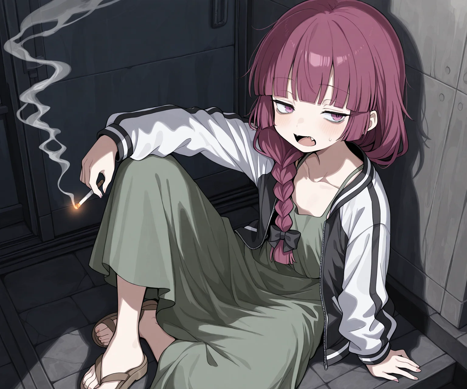 masterpiece, best quality, amazing quality, 1girl, solo, smoking, , <lora:Uwata_h ILXL:1> Uwata_h, <lora:kikuri-hiroi-s1-ponyxl-lora-nochekaiser:0.6> kikuri hiroi, black bow, blunt bangs, braid, closed eyes, purple eyes, fang, hair bow, hair over shoulder, long hair, purple hair, sidelocks, single braid, fangs, black jacket, brown footwear, collarbone, dress, green dress, jacket, long sleeves, open clothes, open jacket, raglan sleeves, sandals, white sleeves,