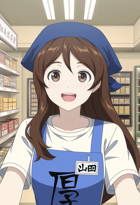 <lora:YAMADA_illustrious-000056:1>,
YAMADA,solo,apron,smile,shirt,open mouth,blue apron,white shirt,name tag,blush,upper body,indoors,:d,teeth,shop,upper teeth only,short sleeves