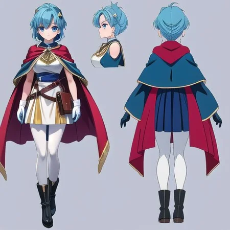 anime, 1990s (style), retro artstyle, princess, woman, blue hair, hair tied up, blue eyes, medieval fantasy, short red cape, light blue pantyhose, blue large boots with a yellow marks, large gloves, model sheet, simples background, chara-sheet