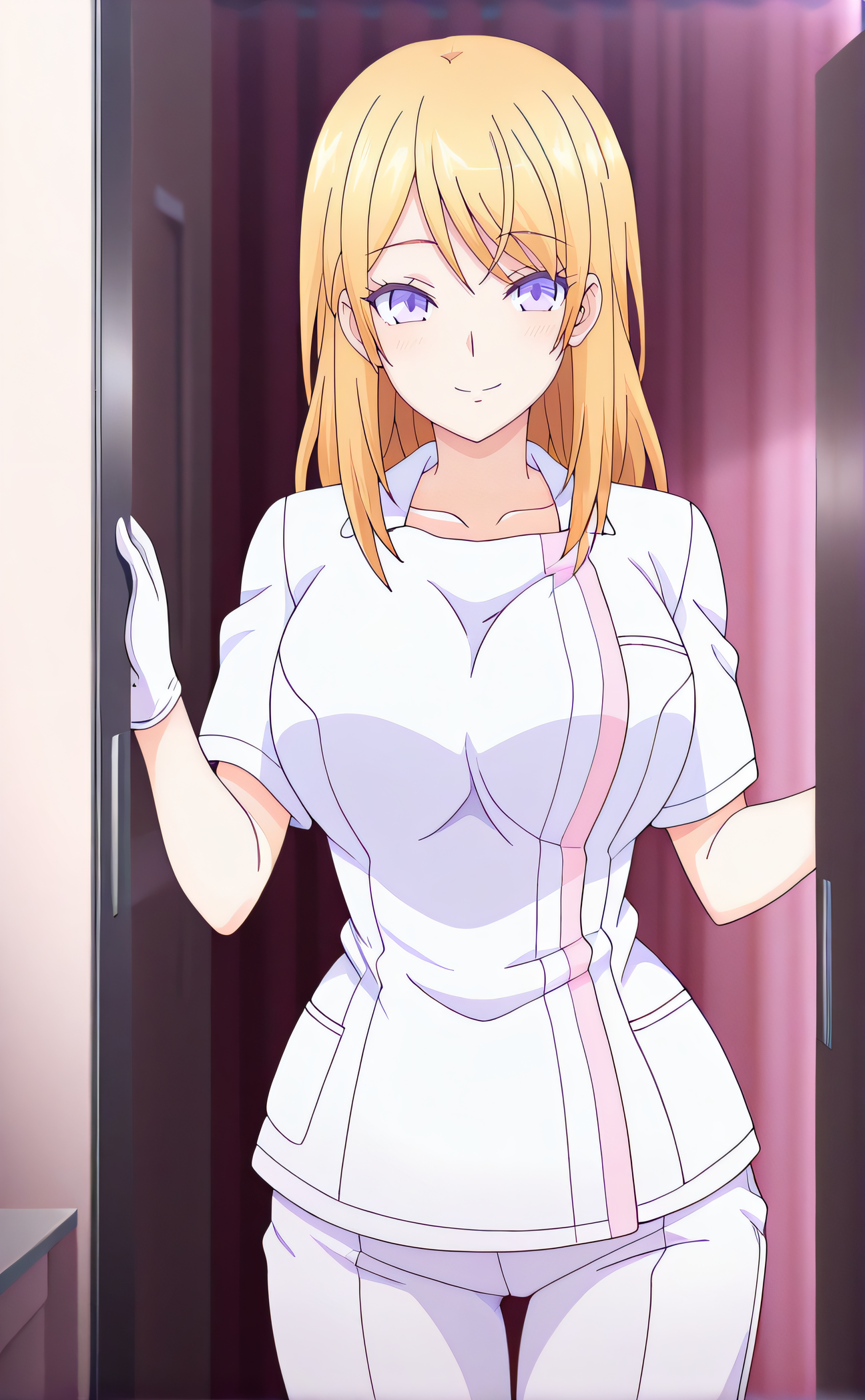 masterpiece, best quality, highres, newest, 1girl, solo, official style, anime screencap, <lora:Misuzu_Akao:1>, akao, blonde hair, long hair, purple eyes, large breasts, white dress, nurse, white pants, white gloves, smile, indoor, cowboy shot, looking at viewer