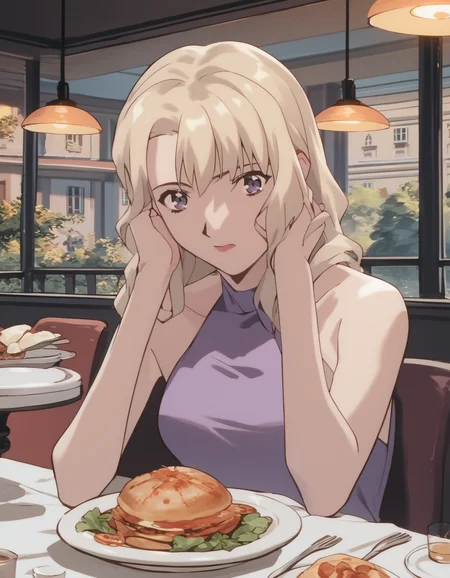 score_9, score_8_up, score_7_up, score_6_up, score_5_up, score_4_up
<lora:noir-2x-ponyxl-000016:1>
nwrmir, blonde hair, halter shirt, purple shirt, pants,
1girl, dinner, dining room, european architecture