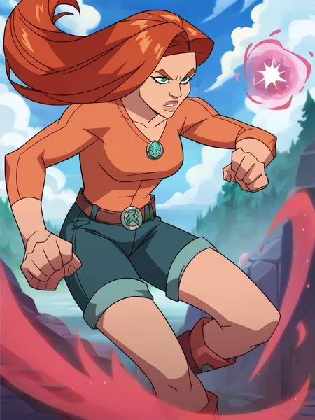 <lora:Atomic_EvaV2:0.9> a_e, 1girl, ginger long hair, green eyes, pink lips, mage, magic, epic pose, score_9, score_8_up, score_7_up,