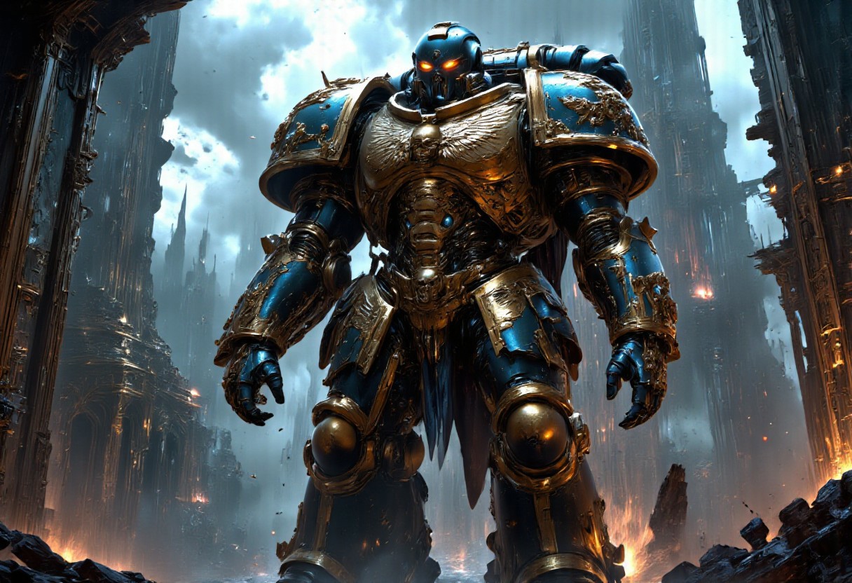 (score_9, score_8_up), score_7_up,  <lora:PonyAlphaL40k:1> AlphaL40k, wearing power armor, holding a rifles, helmet, cape on his back A hulking Armor Warrior, inspired by the might of a Space Marine, strides through a smog-choked industrial dystopia. Clad in a fusion of ornate Victorian armor and an industrial-powered exoskeleton, the warrior exudes a blend of old-world grandeur and brutal efficiency. Towering over common soldiers, its frame is reinforced by riveted iron plates etched with intricate Victorian scrollwork, while mechanical pistons and gears hum beneath, driving its every motion. The warrior’s helmet, a grim fusion of gothic architecture and advanced tech, features a cold, statuelike faceplate with glowing cybernetic eyes. an industrial city looms—towering smokestacks and crumbling Victorian structures stretch into the stormy sky. Massive iron machines belch smoke as lightning dances among the clouds. The Armor Warrior stands as a sentinel of this dystopian world, embodying the brutal union of flesh, machine, and divine power in a time when technology and the gods are inseparable.