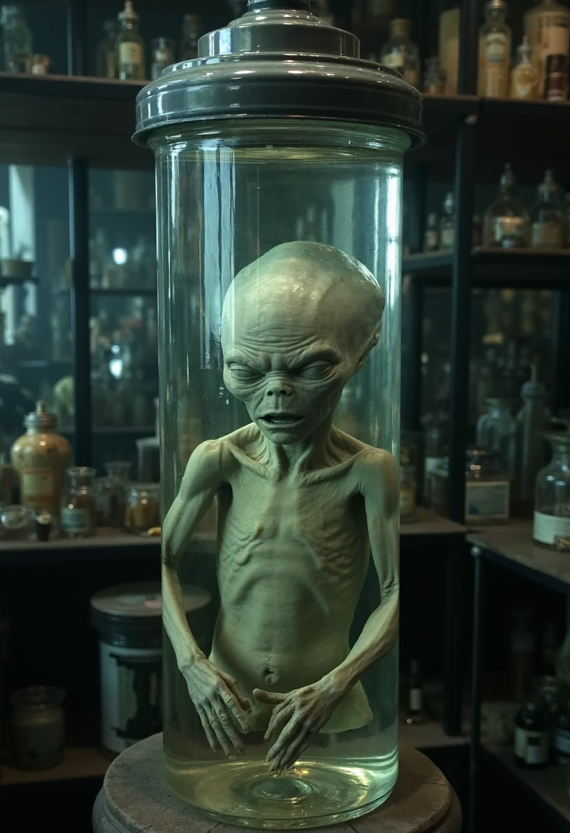 photograph of wet sample of a grey alienfloating in a large cylindrical glass tank. Blank expression with slack jaw, parted lips and milky eyes. Very decomposed, pale flaky shriveled skin, very detailed, creepy atmosphere, standing in a shelf in a creepy laboratory <lora:wet_sample-000129:1>