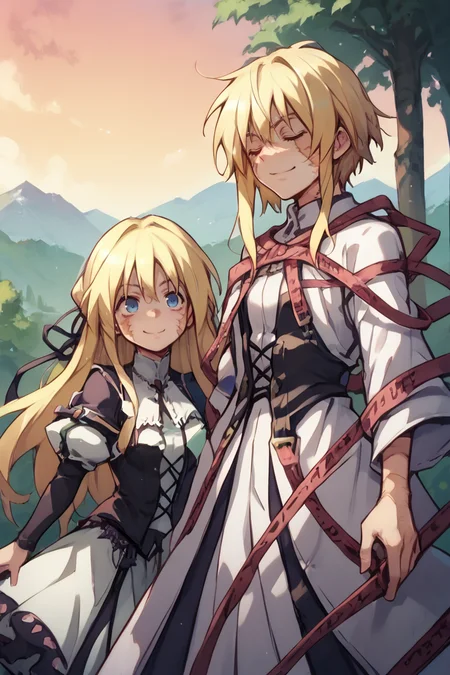 (score_9, score_8_up, score_7_up, score_6_up), source anime, exterior, mountains, canyons, trees, scenery, sunset, 2girls, date, romantic, <lora:zy_Detailed_Backgrounds_v1:0.1> , detailed background, highly detailed,<lora:Manhwa-Artstyle__PonyXL__Shufflebox:0.4> , Manhwa-Artstyle, anime_source,BREAK<lora:Yggdra:0.9>, yggdef, 1girl, blonde hair, long hair, blue eyes, hair ribbon, ascot, juliet sleeves, black sleeves, dress, white dress, cross-laced clothes, cross-laced dress, lace-trimmed dress, lace trim, corset, black pantyhose, cowboy shot, 2girls, smug grin, standing,BREAK<lora:Nessiah-000013:0.65> , nesdef, 1boy, blonde hair, (closed eyes), white robe, (hood up), white skirt, caution tape, red caution tape, chains, dominant expression, cowboy shot, flat chest, standing, <lora:Makis_Scars:0.7> , M4kisc4rs, scars, scar on face,