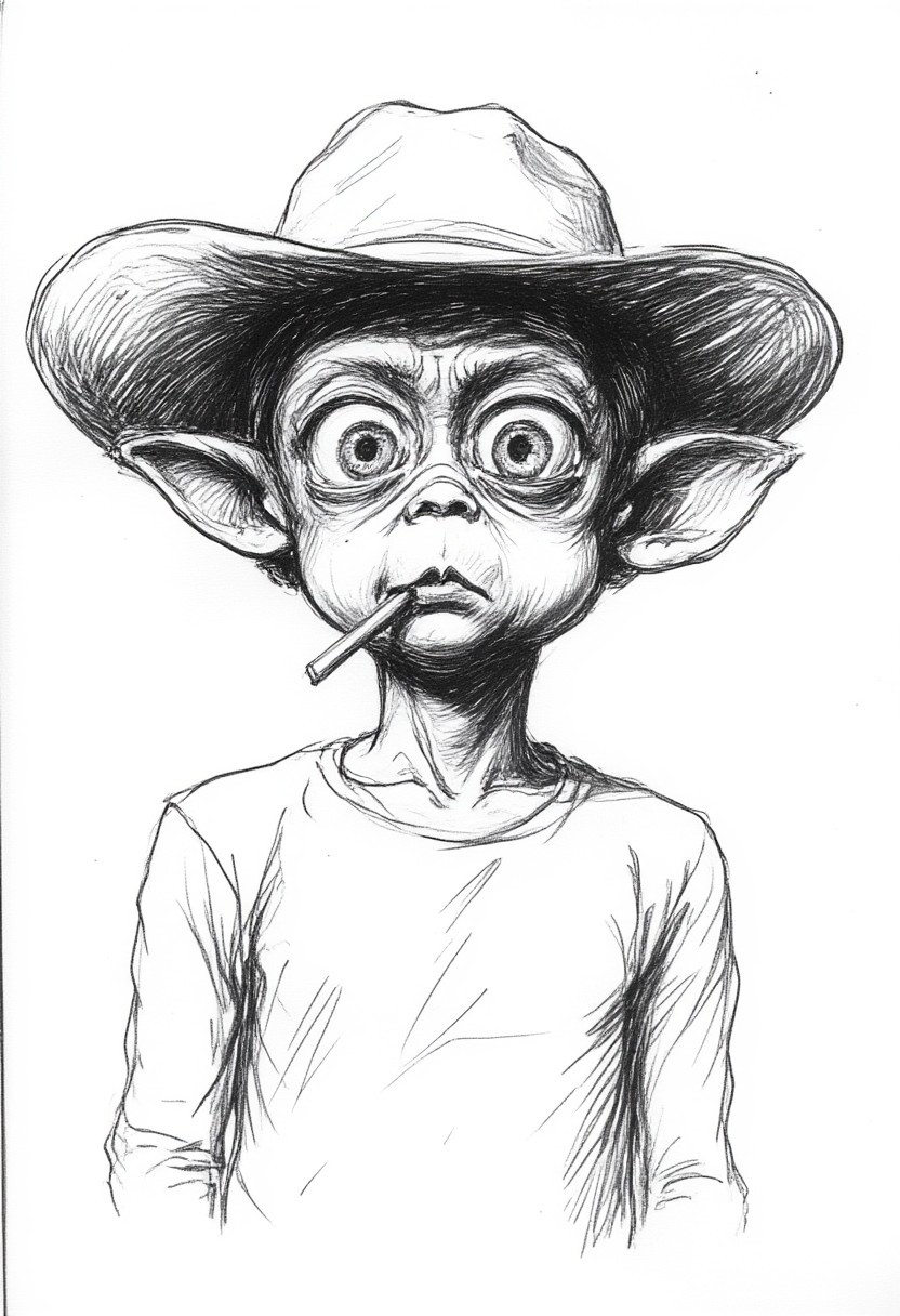r0ughsketch, monochrome portrait drawing of Mac the alien wearing a cowboy hat and has a grass straw in his mouth.
