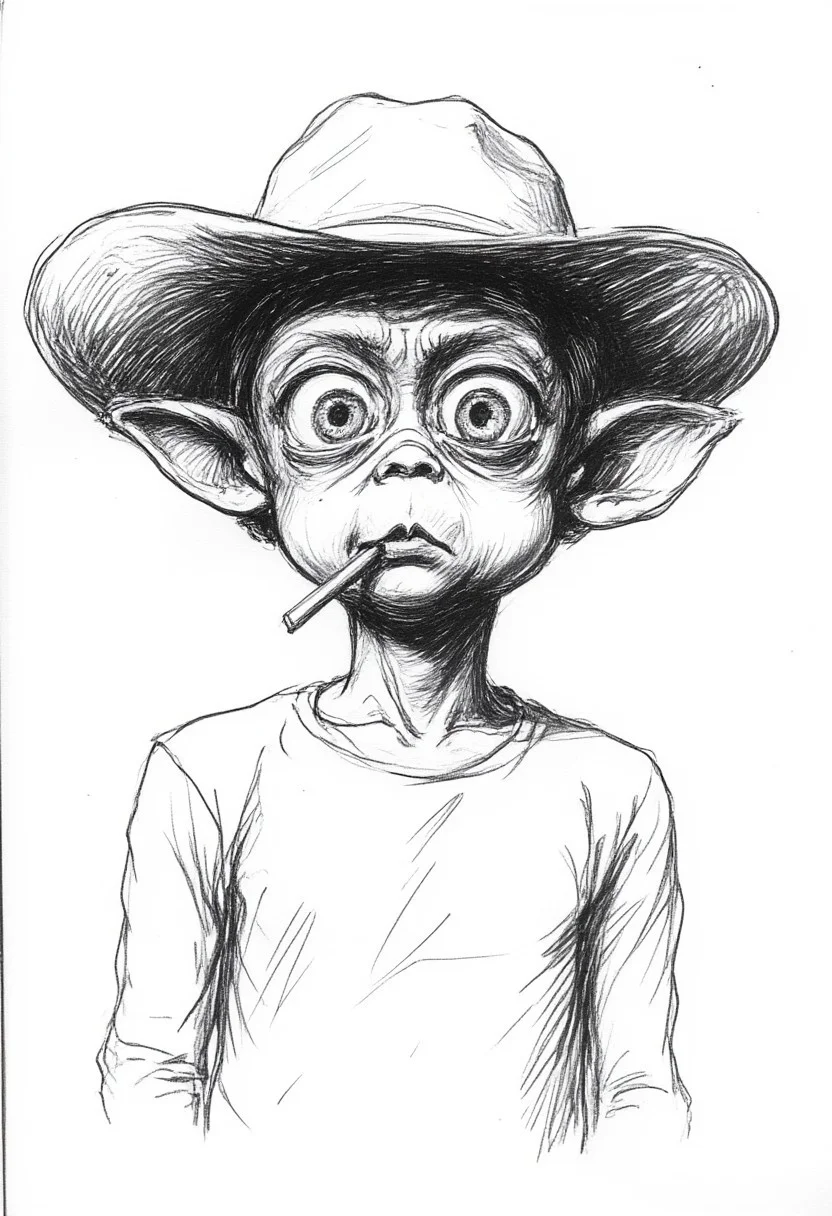 r0ughsketch, monochrome portrait drawing of Mac the alien wearing a cowboy hat and has a grass straw in his mouth.