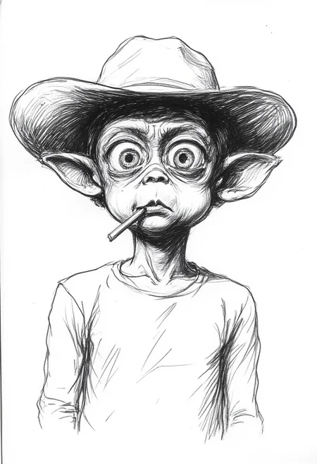 r0ughsketch, monochrome portrait drawing of Mac the alien wearing a cowboy hat and has a grass straw in his mouth.
