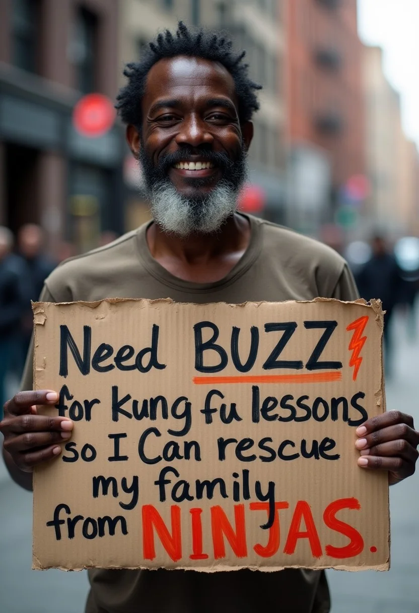 A closeup of a homeless black man holding an old  cardboard sign The man is wearing an old tattered t-shirt.      The man is standing on a street corner in New York. The man is smug and smiling.  The sign is dark brown, damp, torn at the edges, and made of old cardboard.  There is a scribbled marker drawing of a transparent orange lightning bolt on the sign. The sign states "Need BUZZ for kung fu lessons so I Can rescue my family from NINJAS" written in black faded marker.  The capitalized words are black outlined with red faded marker. The words on the sign are transparent and handwritten and scribbley