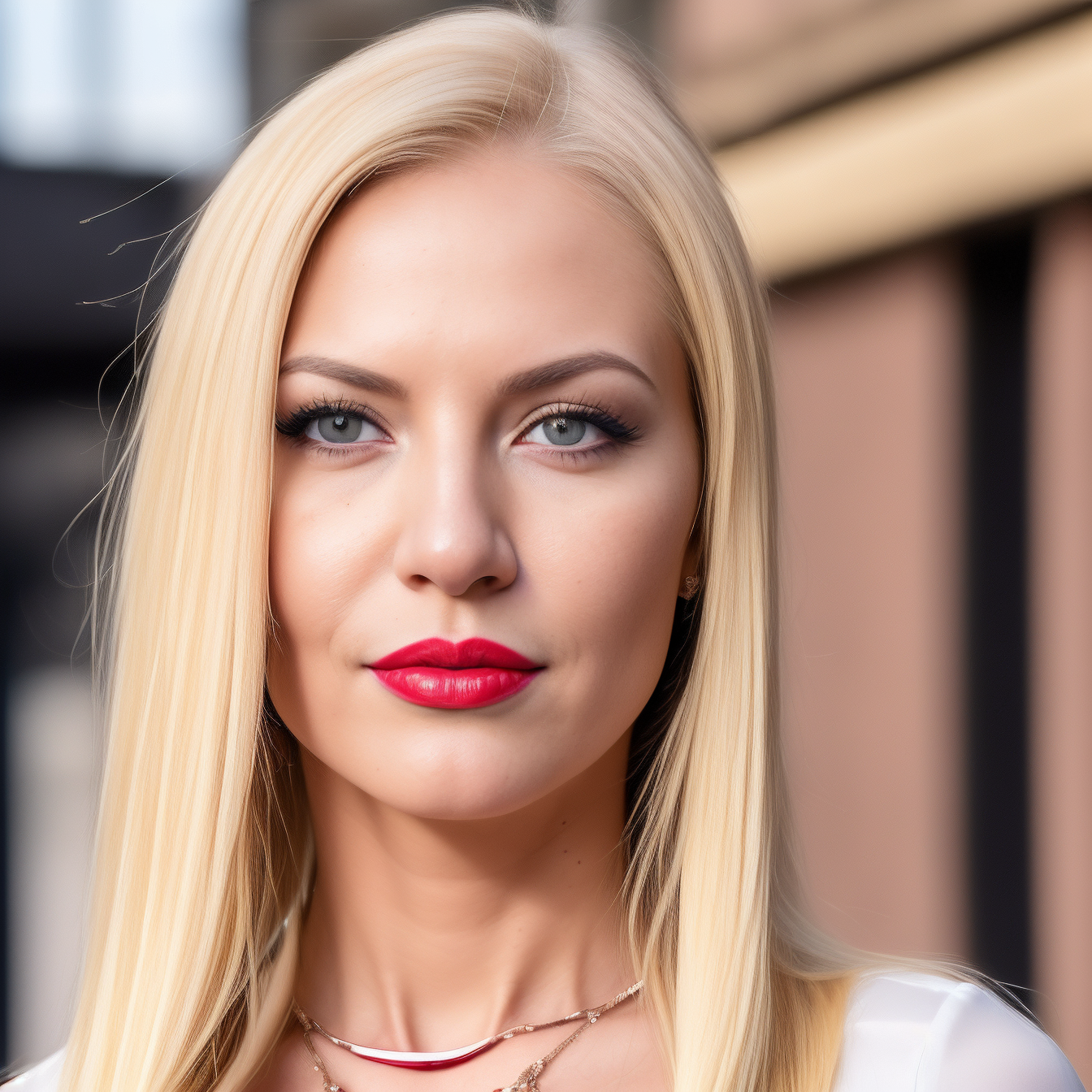 Papparazzi symmetrical photograph ((face portrait:1.5)) of Evelyn <lora:EvelynXC10:0.9> ((cleavage)), ((hourglass figure)), ((red buttoned office shirt:1.2)), beautiful ((red lips)), detailed ((glossy eyes)), ((eye makeup)), ((beautiful smile:1.2)), ((perfect white teeth:1.2)), ((long golden blonde hair:1.3)), ((detailed face:1.2)), ((extremely detailed hands:1.2)), ((walking in the streets of Los Angels during summer:1.5)), high contrast, crisp, natural lighting, ambient lighting, (high detailed skin:1.2), 8k uhd, dslr, hires, film grain, ((Fujifilm XT3:1.2)), ((head in shot:1.4))