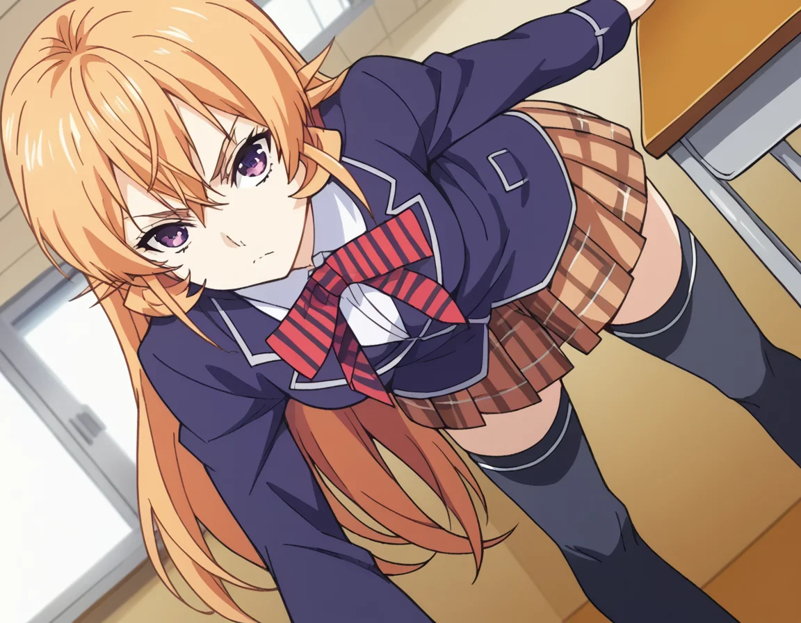 score_9, score_8_up, score_7_up, source_anime,
erinanakiri, <lora:erina-nakiri-s1-ponyxl-lora-nochekaiser:1>,
erina nakiri, long hair, orange hair, purple eyes, hair between eyes,
skirt, thighhighs, bow, school uniform, jacket, pleated skirt, shoes, black thighhighs, zettai ryouiki, plaid, plaid skirt, blazer,
indoors, classroom, bent over,
looking at viewer, cowboy shot, dutch angle, solo,