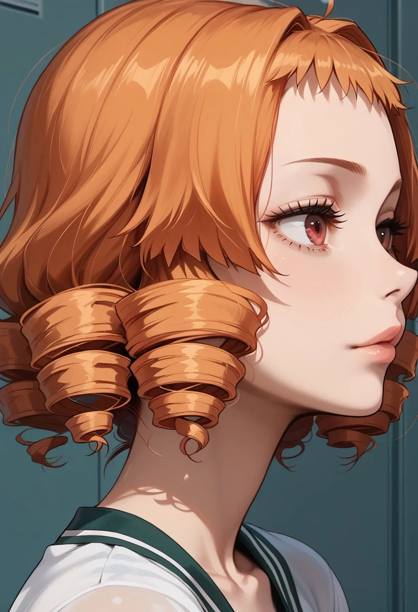 score_9, score_8, score_7, score_8_up, 1girl, Expressiveh, small neck, long eyelashes, collarbone, side view,  jewelry, piercings, close up view, (looking at viewer), close up view, in a school, light blue lockers, cheerleader top, ruu ruu, orange hair, drill hair, red eyes,