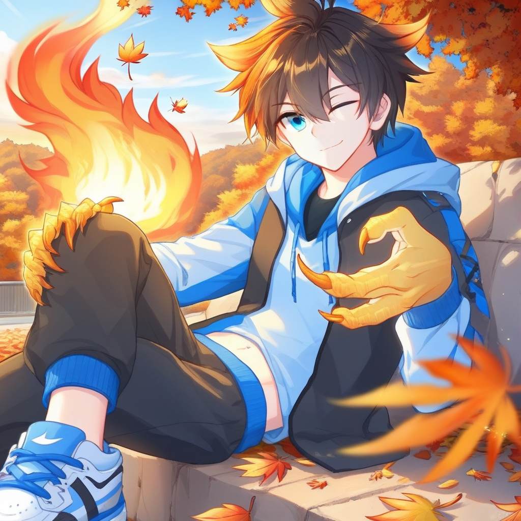 long sleeves, smile, solo, black eyes with blue tint, autumn leaves, sneakers, shoes, one eye closed, jacket, close-up, hair between eyes, sky, portrait, hood, male, lying, navel, male focus, hoodie, claws, fire, sitting, closed mouth