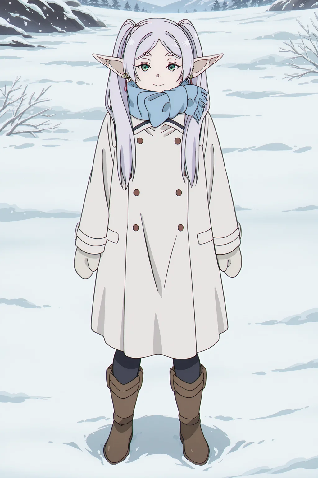 anime coloring, screencap, anime screencap, masterpiece, detailed face,
outside, in the snow, snowflakes,
<lora:Frieren_Frieren_Beyond_Journeys_End_-_Illustrious_V2:1>1girl solo, Elf, pointy ears, gray hair, long hair, parted bangs, twintails, green eyes, earrings, Frieren white coat outfit | blue scarf, white coat, buttons, double-breasted, boots, brown footwear, mittens,
full body shot shot, girl looking at the viewer, smiling