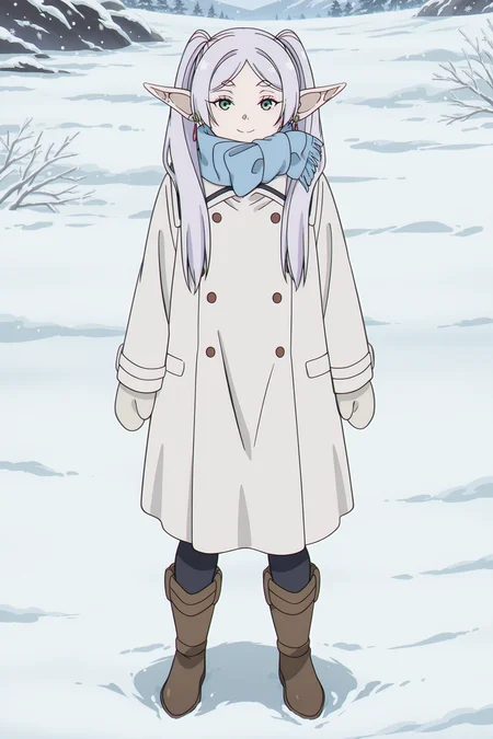anime coloring, screencap, anime screencap, masterpiece, detailed face, 
outside, in the snow, snowflakes,
 <lora:Frieren_Frieren_Beyond_Journeys_End_-_Illustrious_V2:1>1girl solo, Elf, pointy ears, gray hair, long hair, parted bangs, twintails, green eyes, earrings, Frieren white coat outfit | blue scarf, white coat, buttons, double-breasted, boots, brown footwear, mittens,
full body shot shot, girl looking at the viewer, smiling