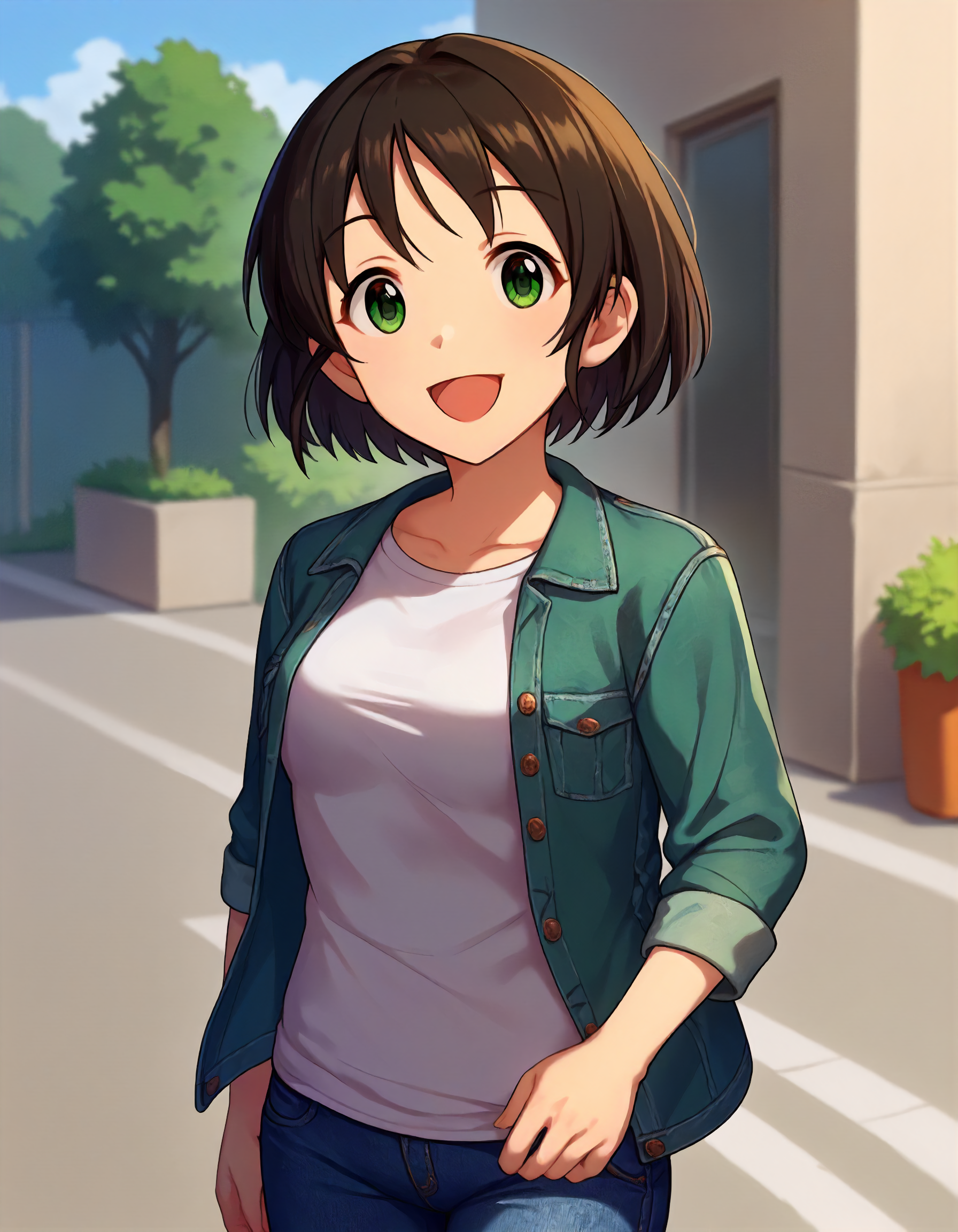 score_9,score_8_up,score_7_up,1girl,solo,cowboy shot,looking at viewer,smile,open mouth,outdoors,
<lora:haradamiyo_ponyXLV6:0.8>,cghmy,
black hair,short hair,green eyes,
green jacket,T-shirt,jeans