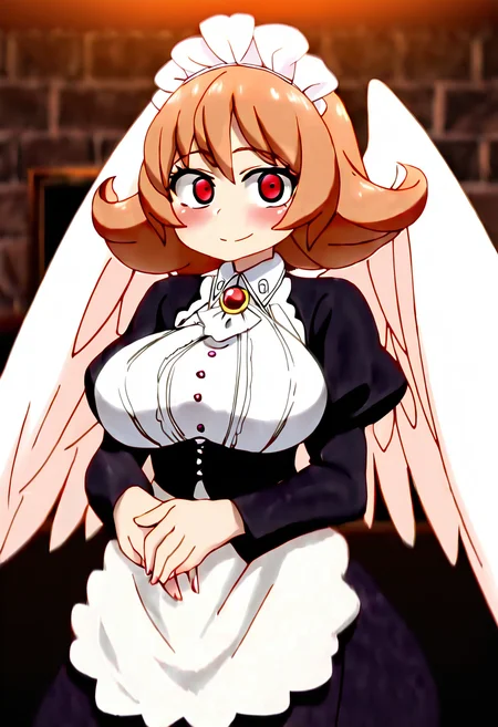 (masterpiece, best quality, good quality, very aesthetic, absurdres, newest:1.2), 1girl, solo, eyelashes, (beautiful eyes), Meidri, 1girl, bangs, large breasts, brown hair, long sleeves, dress, frills, wings, puffy sleeves, orange hair, apron, maid, maid headdress, juliet sleeves, monster girl, feathered wings, puffy long sleeves, white wings, flipped hair, harpy, blush, indoors, brick wall, blurry background, ,cowboy shot, smile, looking at viewer, <lora:IshuzokuReviewersNAI:1.0>,