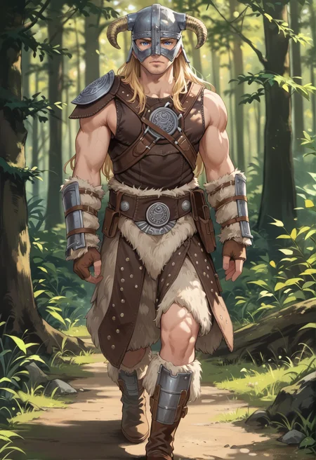 (score_9:0.9),score_8_up,score_7_up,rating_safe,anime style,(zPDXL),<lora:Dovahkiin Armor ponyXL v1.5:0.74>,dovahkiin armor,1boy,horned helmet,solo,long hair,blonde hair,blue eyes,brown gauntlets,brown knee boots,shoulder armor,looking at viewer,muscular male,forest