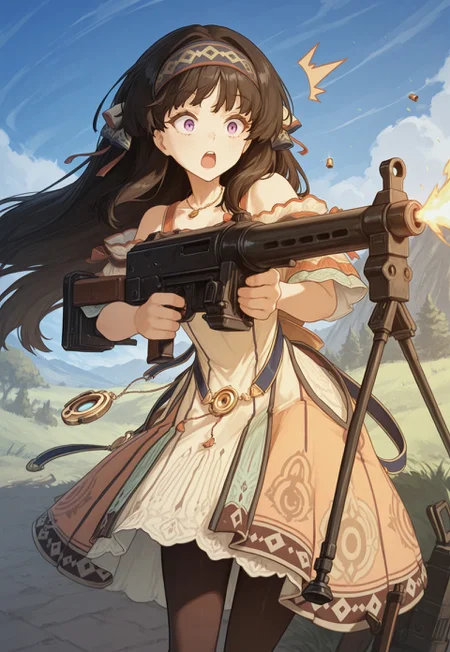 masterpiece, best quality, very aesthetic, absurdres,1girl, atslstera, long hair, black hair, hairband, purple eyes, slsteradef, beige dress, multicolored dress, print dress, necklace, off-shoulder dress, medallion, blue belt, bare shoulders, black pantyhose, (shocked:1.3) open mouth,  light blush, aiming a vkrsmmg medium machine gun weapon, outdoor, muzzle flash, bullet tracer, smoke, 