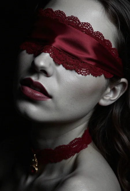 A close-up grayscale portrait of a young woman, her delicate features subtly enhanced by cinematic lighting. Her skin, soft and smooth, is a flawless ivory tone, contrasted by the glossy, rich maroon lipstick that defines her lips. A red silk blindfold, edged with delicate lace, drapes across her eyes, obscuring her gaze and adding a touch of mystery. A choker of crimson silk, accented with a golden ruby pendant, rests gracefully around her neck. Her head is turned three-quarters towards the camera, her expression subtly pensive. Deep, dramatic shadows accentuate the contours of her cheekbones and jawline, creating a captivatingly evocative mood. The overall effect is a high-contrast, sophisticated portrait, imbued with a sense of silent elegance and mystery. <lora:aidmaRealisticSkin-FLUX-v0.1:0.6> <lora:Synesthesia_(FLUX):0.4> <lora:Fluxartis_28.11A_(FLUX):0.6>