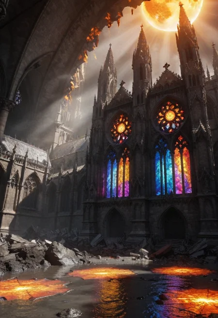 breathtaking photography of a gothic cathedral made of melting rock and lava with glowing stained glass windows standing on the surface of the sun <lora:acc\dmd2_sdxl_4step_lora>