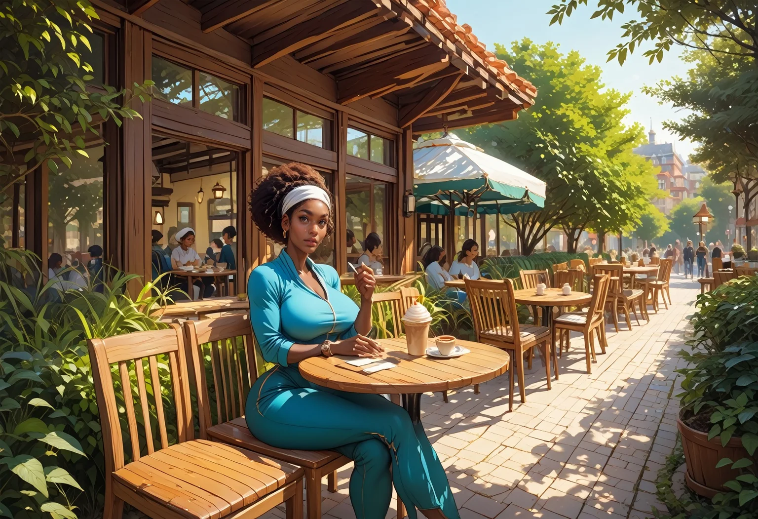 vntgpark, dark-skinned ebonyjogger, large breasts, wide hips, ((sitting in cafe)), tables, chair, cafe scenery, score_9, score_8, score_7, score_6_up, <lora:kok:0.75> <lora:Pony_DetailV2.0:1> <lora:Erin_Hanson_r1:0.5>, <lora:EbonyJogger:0.8> <lora:VintagePark:0.3>