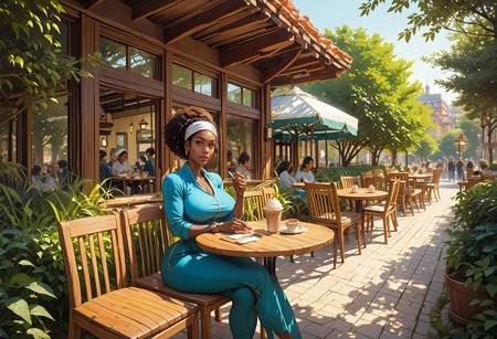 vntgpark, dark-skinned ebonyjogger, large breasts, wide hips, ((sitting in cafe)), tables, chair, cafe scenery, score_9, score_8, score_7, score_6_up, <lora:kok:0.75> <lora:Pony_DetailV2.0:1> <lora:Erin_Hanson_r1:0.5>, <lora:EbonyJogger:0.8> <lora:VintagePark:0.3>