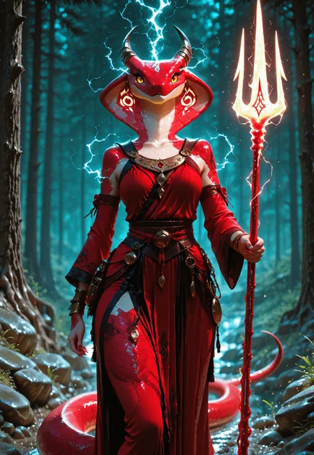 1girl, solo, DDCH Naga, ((snake head)), ((red scale)), ((horns)), ((ritual tattoos, glowing tattoos)), ritual clothes, ((one trident weapon, violet electricity trident weapon, in two hands)), ((Points the weapon at the viewer)), snake tongue, gold eyes, ((snake tail Instead of legs)), one tail,  BREAK, ((dynamic close up view,)), (((dynamic pose))),  BREAK, (((dark night))), rocks, swamp background, 
HDR, 8k, high contrast, masterpiece, best quality, amazing quality, very aesthetic, high resolution, ultra-detailed, absurdres, perfect lighting, volumetric lighting, dramatic shadows, (dark light), cinematic lighting, (sharp image), safe, scenery, (perfect anatomy, perfect hand anatomy, perfect face anatomy, perfect eyes anatomy, perfect mouth anatomy), perfect lighting, (sharp image), perfect anatomy, Focus face, (sharp focus),  ILXLpos,  