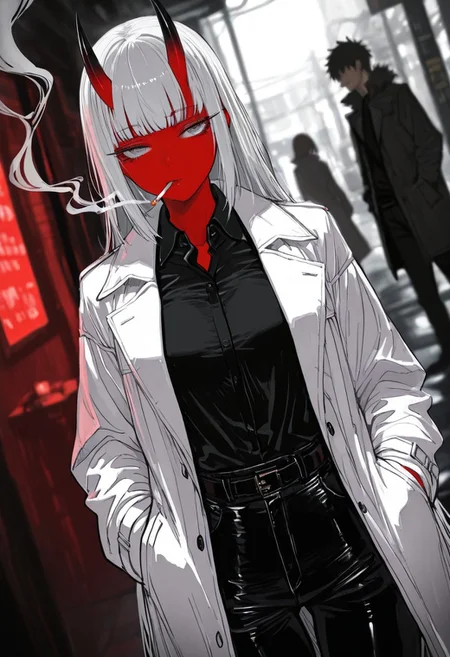 masterpiece, amazing quality, best quality, ultra-detailed, 8K, illustrating, CG, bioluminescent skin, ultra-detailed-eyes, detailed background, cute girl, eyelashes, lowlight
BREAK
sexy, slutty, hot, aroused, 
Aka-Oni, oni, colored skin, red skin, smooth horns, black horns
BREAK
(EyesHD:1.2), (4k,8k,Ultra HD), masterpiece, best quality, ultra-detailed, very aesthetic, sharp focus, depth of field, ray tracing, best lighting, detailed illustration, detailed background, cinematic, beautiful face, beautiful eyes, 
BREAK
detailed background, eyelashes, erotic, looking seductive, coy. dynamic action image, detailed face, detailed eyes, direct mesmerizing gaze, 
BREAK
, cigarette, shirt, coat, hands in pockets, smoking, pants, black pants, black shirt, grey eyes, collared shirt, white coat, smoke, bangs, mouth hold,