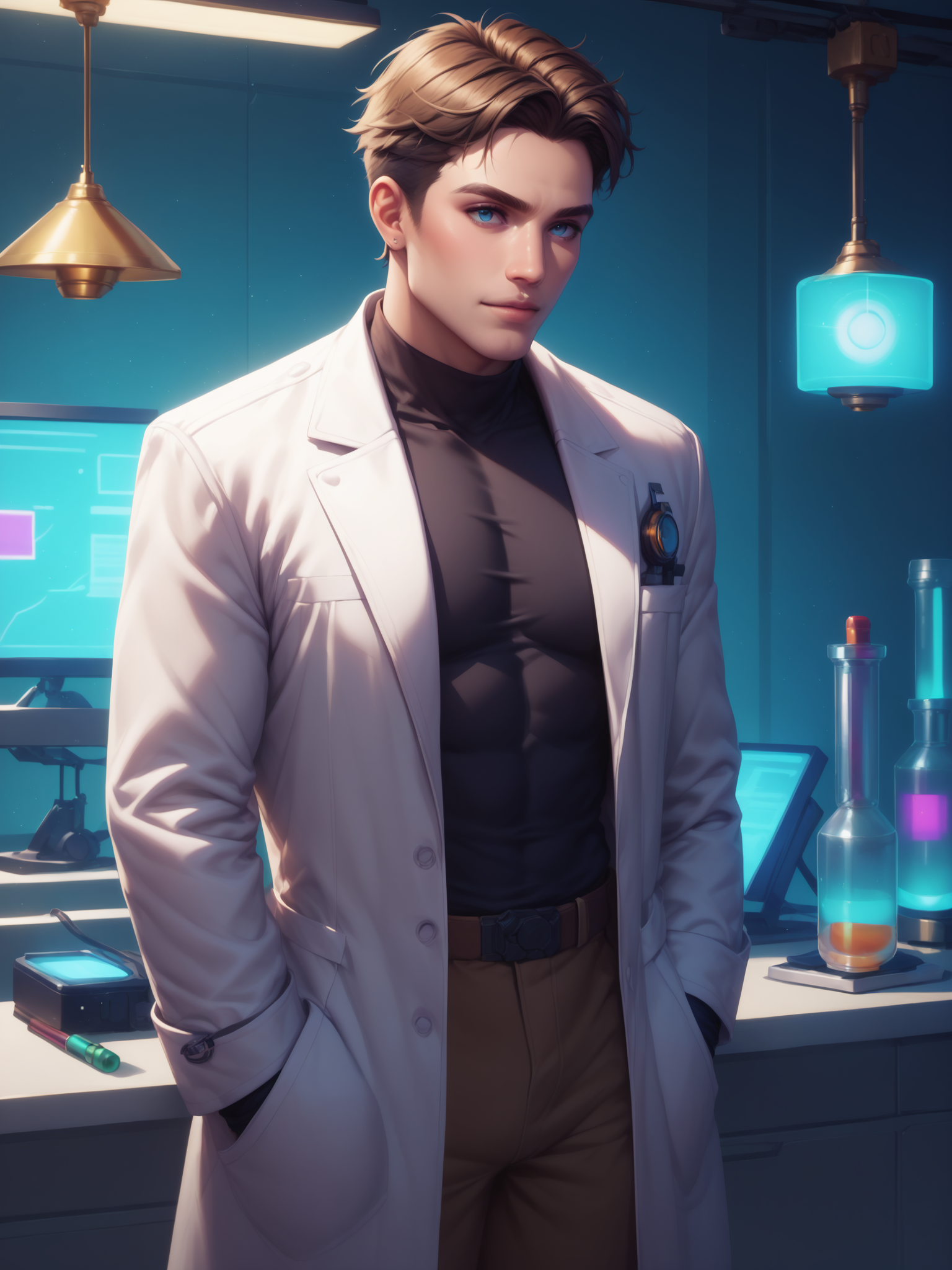 core_9, score_8_up, score_7_up, score_6_up, score_5_up, score_4_up,  Male focus, quantum physicist gone rogue, wearing a lab coat with a device that manipulates quantum fields, <lora:SDXLFaeTastic2400:1>