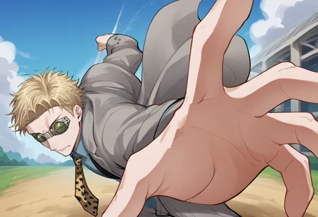 score_9, score_8_up, source_anime, 1boy, solo, NanamiBase, blonde hair, short hair, goggles, grey jacket, yellow necktie, leopard print, blue shirt, collared shirt, grey pants, IncrsPunchMeme, incoming punch, <lora:ChamKentoNanamiPonyXL:1>, <lora:PepePunchMeme_XLPD:1>