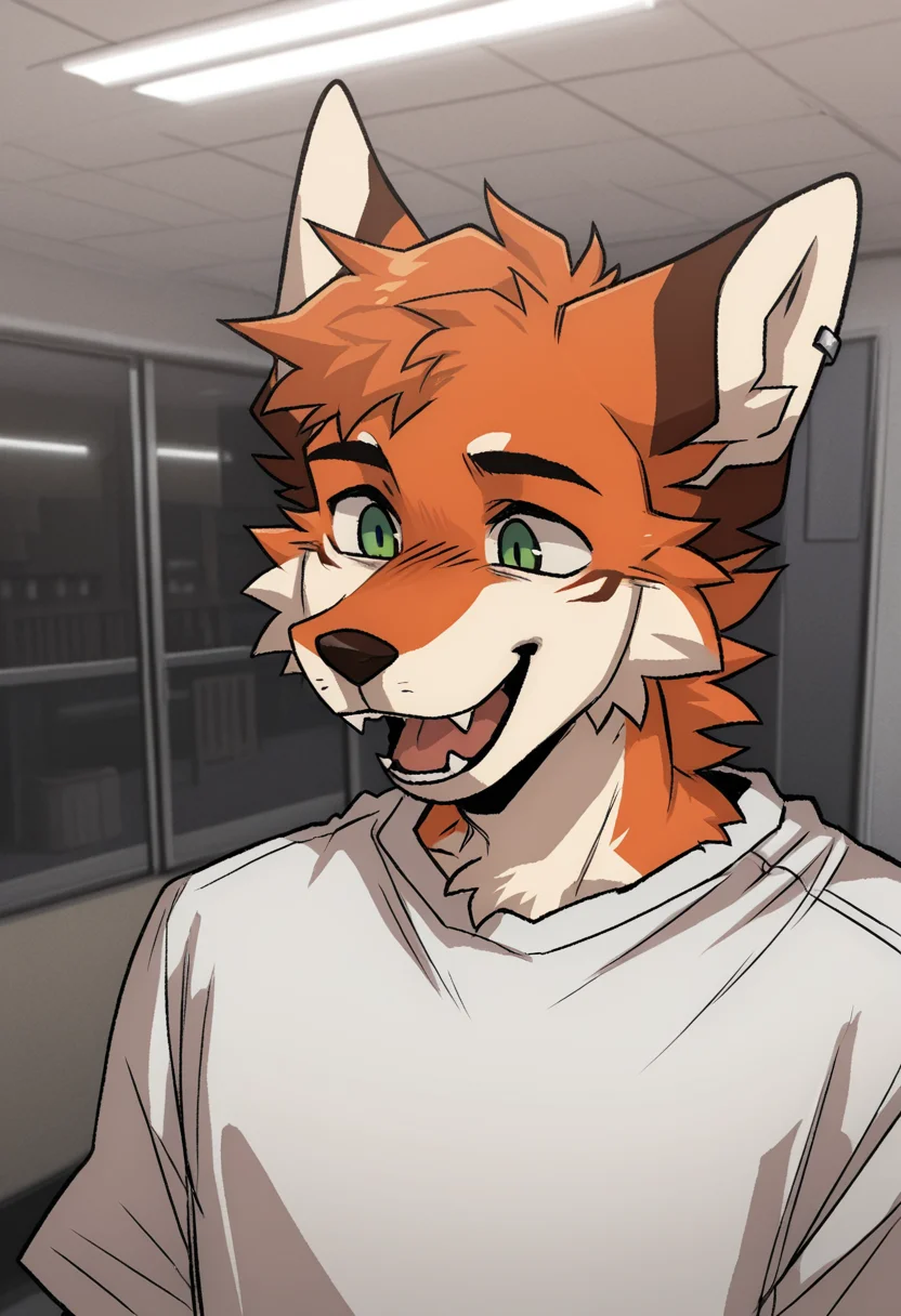 best quality, amazing quality, very aesthetic, absurdres, newest, by maggotnizer, male focus, 1boy, solo, BREAK furry, fox, silver earring, green eyes, short hair, two-tone fur, orange fur, bara, happy, smile, fangs, <lora:Maggotnizer_style_Illustrious:1>