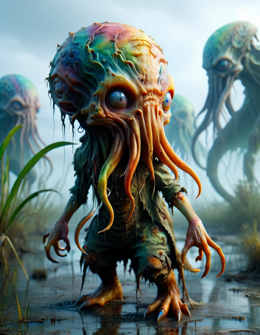 A cute colorful rainbow cthulhu, wildlife photography, in a ral-czmcrnbw swamp, 4K UHD, 8K UHD, High-definition, made out of ral-zmbyz <lora:ral-zmbyz:1>
