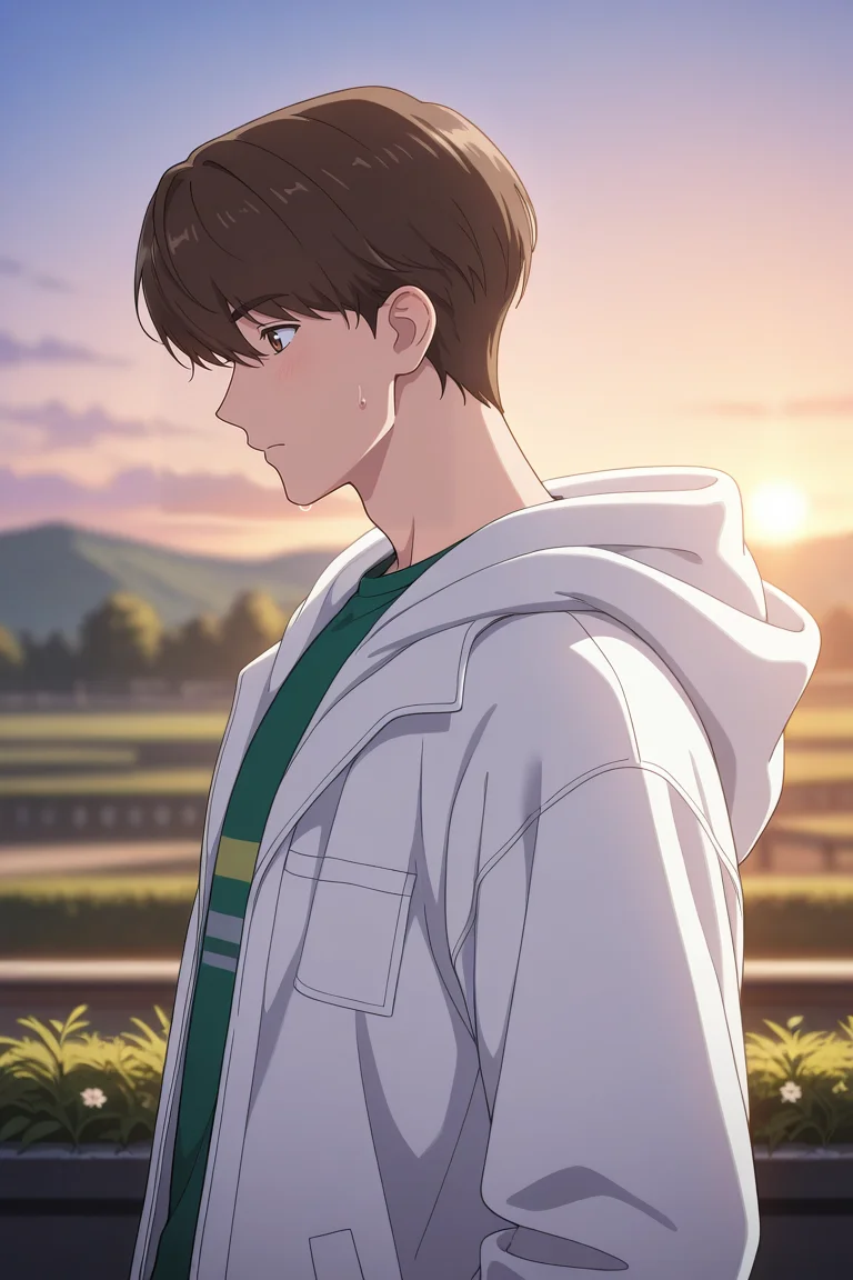 masterpiece, best quality, amazing quality, very aesthetic, high resolution, ultra-detailed, absurdres, newest, scenery, volumetric lighting, depth of field,anime screencap, , , 1boy, solo, male focus,  <lora:lee_joon:0.83>, lee joon,brown hair,brown eyes,short hair,hair between eyes,bangs,shirt, jacket, upper body,white hood, sweatdrop, from side, hoodie, profile, hooded jacket, hood down,green shirt,outdoors