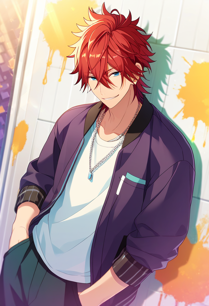 1boy, male focus,
  <lora:Amagi_Rinne_Pony__Ensemble_Stars:0.8> amagi rinne, red hair, blue eyes
((zPDXL)), score_9_up, score_8_up, score_7_up, score_6_up, score_5_up, score_4_up, best quality, amazing quality, best aesthetic, absurdres, year2023, nsfw, game cg, official art, official style,  uncensored,
smile, against wall, open jacket, purple jacket, white shirt, necklace, outdoor, looking at viewer, paint splatter, necklace,