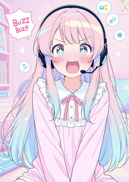 (masterpiece:1.1),(bestquality:1.1),(ultra-detailed:1.1),(kawaii:1.2),(yumekawaii:1.2),(pastel colors),(dreamy room:1.1),(cute clothes:1.2),(headset:1.2),(internet streamer:1.2),(1girl:1.4),(detailed eyes),sparkling eyes,(long hair),(blush),(speech bubble with "Buzz!!!":1.5),(no other speech bubbles:1.3),(shouting:1.3),<lora:add-detail-xl:1>,
