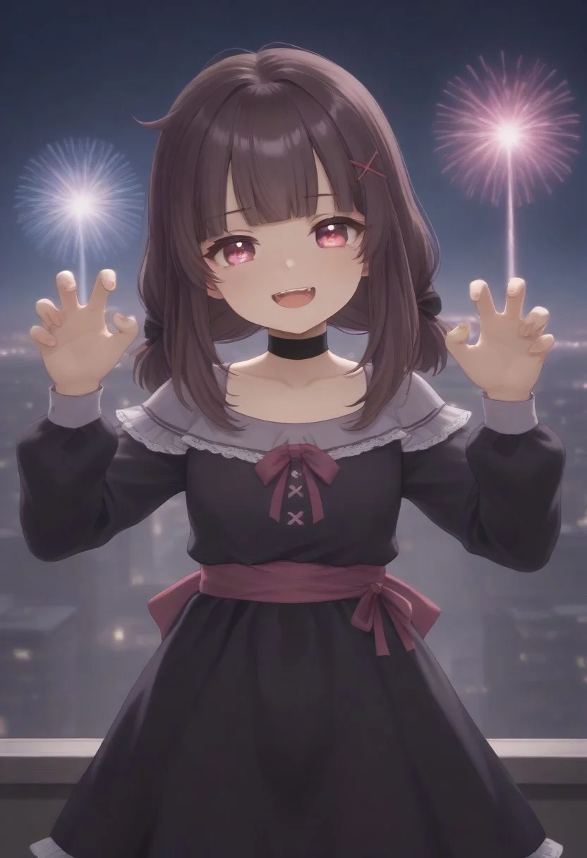 1girl, solo, solo focus, highres, absurdres, Shondo2ndA, petite, bangs, pink eyes, brown hair, hair bow, sidelocks, low twintails, x hair ornament, medium hair, frilled dress, choker, black dress, waist bow, pink bow, single wrist cuff, arm ribbon, long sleeves, collarbone,, white pantyhose,
looking at viewer, open mouth, smug, hands up, claw pose, head tilt, fangs, aerial fireworks,
cityscape, neon lights, window, dark, night, night sky, light particles, backlighting,