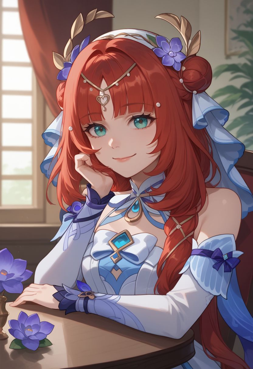 score_9, score_8_up, score_7_up, source_anime, 1girl, nilousabaa, red hair, long hair, aqua eyes, parted bangs, low twintails, medium breasts, hair ornament, hair flower, purple flower, hair bun, fake horns, circlet, white dress, clothing cutout, detached sleeves, bare shoulders, long sleeves, white veil, gem, brooch, blue gemstone, vision \(genshin impact\), sitting, on chair, table, head rest, elbow rest, smile, looking at viewer, indoors, portrait, close-up, upper body, <lora:Nilou_v1-000007:1>