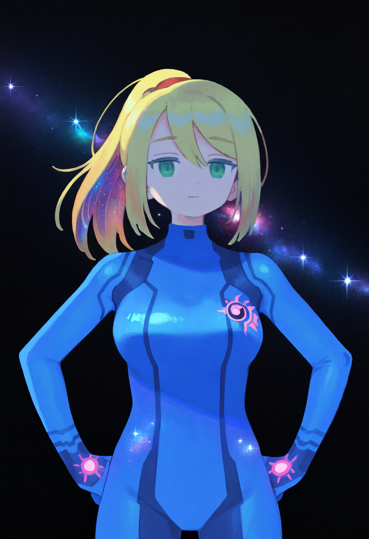 best quality, amazing quality, very aesthetic, absurdres,
(black background, galaxy background, starry background:1.8)
1girl, samus aran, green eyes, blonde hair, medium hair, ponytail, sidelocks,
blue bodysuit,
looking at viewer, standing, hands on hips, <lora:MujiNoob_byKonan:1>