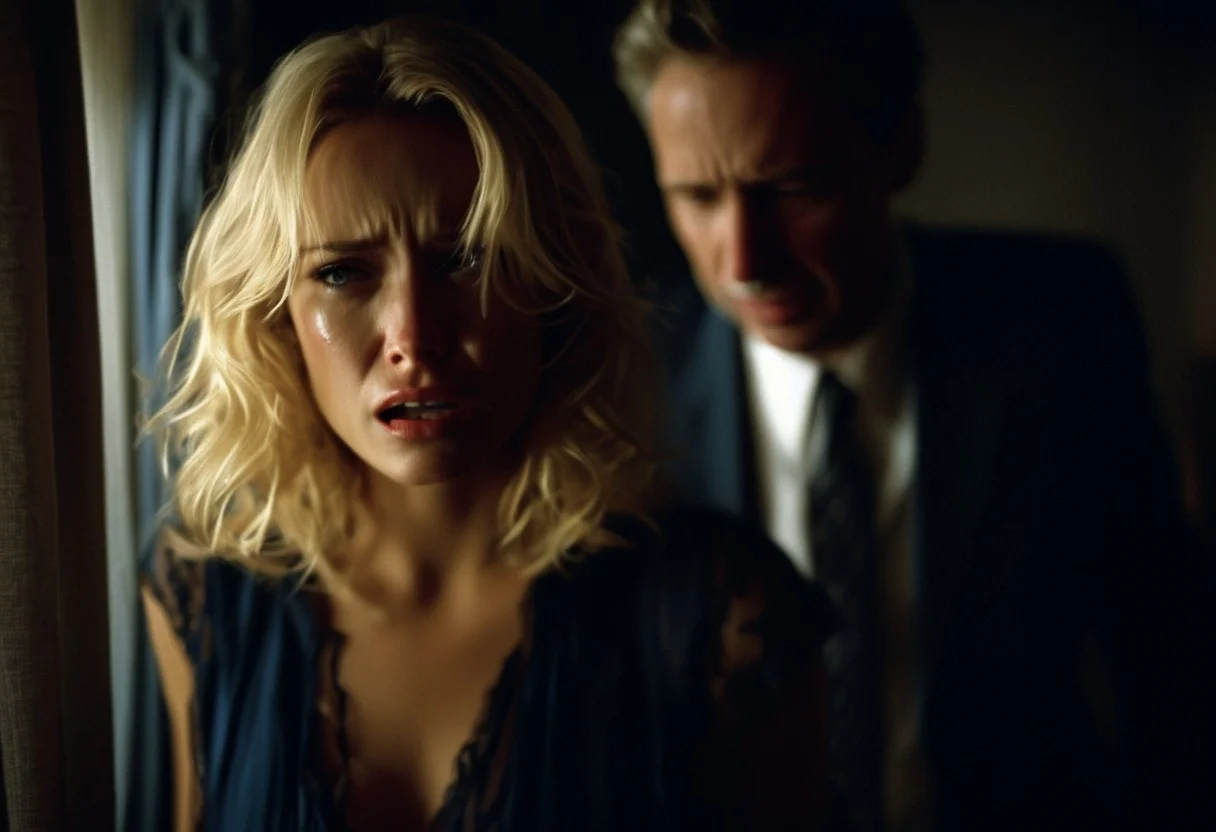 A beautiful blond woman wearing only a bra is on a bed. The bed has dark blue sheets. She is crying and looks helpless. Her clothes are slightly torn. Her hair is messy. The room is dark, the lighting is soft, through a small hole in the curtains. There are shadows. A man in a suit is watching in the background.