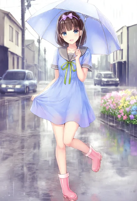 <lora:miss1_noob1.1-000184:0.9>,
1girl, dress, umbrella, flower, outdoors, rain, solo, boots, holding, blue dress, :d, sailor collar, smile, day, open mouth, hairband, sailor dress, green ribbon, holding umbrella, ribbon, standing, blue eyes, bow, brown hair, looking at viewer, short sleeves, neck ribbon, power lines, standing on one leg, collarbone, blush, pink footwear, purple flower, rubber boots, car, hair bow, motor vehicle, pink flower, black sailor collar, transparent, utility pole, grey sailor collar, purple hairband, short hair, blurry, full body, building, blurry background, knee boots, yellow flower, hair ribbon, blue flower,
masterpiece,best quality,newest,absurdres,highres,very awa,