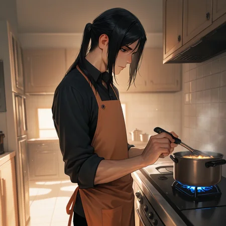 masterpiece, best quality, amazing quality, absurdres, newest, detailed background, definition so sharp, Ultra-HD, 8K cinematic, very awa, impressionate, amazing quality, highres,
solo, male focus, manly,
kurohyatogami, kuroh_black hair, kuroh_black eyes, 1boy, low tied hair, long hair,
cooking, focused expression, apron, kitchen, steaming pot, warm lighting, cozy, caring, calm, cool, inviting, domestic