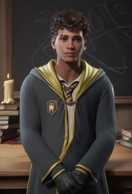 score_9, score_8_up, score_7_up, score_6_up, score_5_up, score_4_up, BREAK realistic, well built, skinny body type, twink, male focus, solo, face focus, good looking face, detailed face, detailed eyes, good looking eyes, perfect face, perfect eyes, 18 yr, soft face, blank expression, perfecteyes, rounder face, 4ng3l face,
light dark skin, a scar on his right eyebrow, two eyebrow, freckless, dark brown curly hair, gaps on left, soft purple colored eyes, good lightning, great lightning,
hogwarts interior, hufflepuff robes, black gloves, looking at viewer, hufflepuff tie,
full body shot, hogwarts interior, classroom, chalkboard, candles on a table,