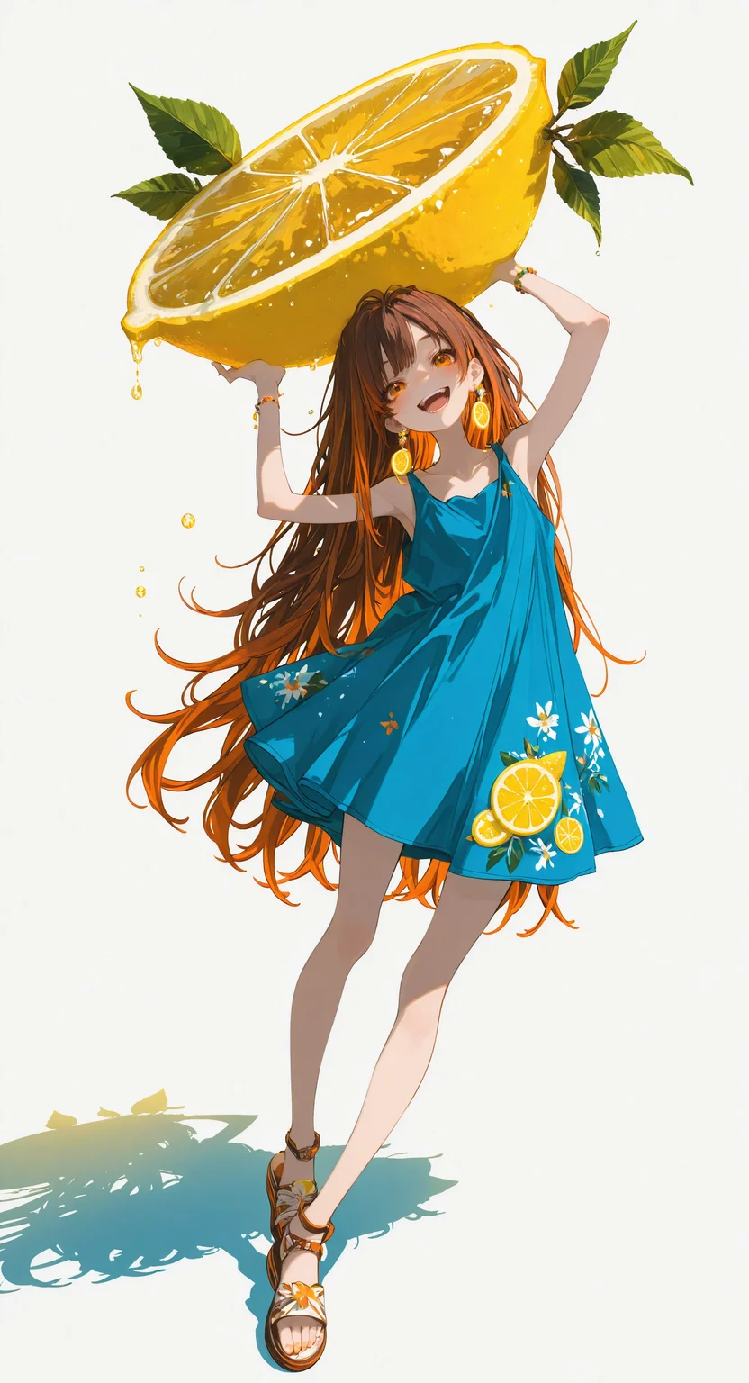masterpiece, best quality, amazing quality, 1girl, solo, long hair, looking at viewer, blush, smile, open mouth, simple background, brown hair, white background, dress, holding, jewelry, very long hair, standing, full body, yellow eyes, :d, earrings, teeth, food, sleeveless, orange hair, arms up, orange eyes, sleeveless dress, blue dress, shadow, fruit, sandals, holding food, holding fruit, oversized object, leaning to the side, lemon, lemon slice, oversized food, food-themed earrings <lora:noobai_ep11_stabilizer_v0.138_fp16:0.3> <lora:ppw_v7_noobVv1.0:0.5> <lora:XXX667:0.5> <lora:lpc_v10:0.4> <lora:CrypticHue:1>
