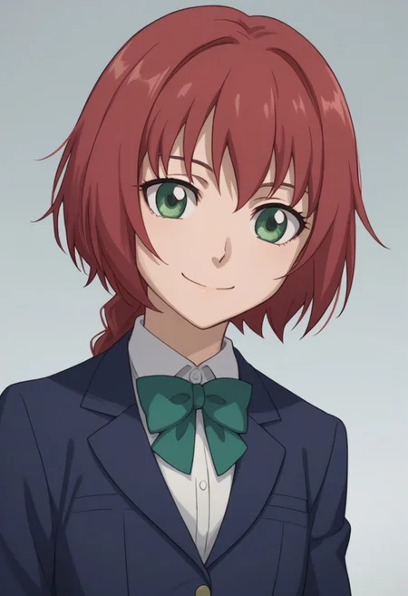 score_9, score_8_up, source_anime, highly detailed,
suou, 1girl, red hair, green eyes, braid, school uniform, parody, single braid, solo, blazer, bow, upper body, smile
outdoor, looking at viewer,