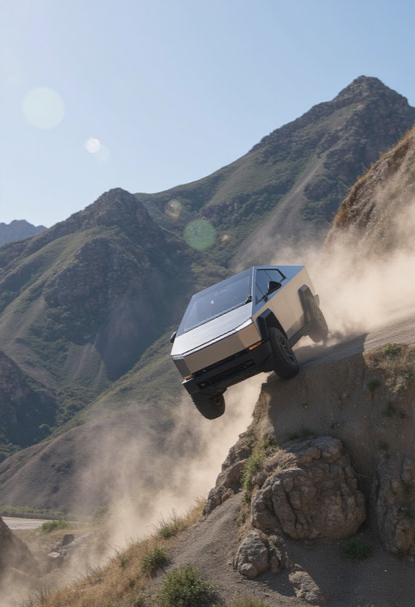 Professional documentary photo in which a cybertruck has driven  off the edge of a cliff and left a trail of dust behind it as it plummets downward.