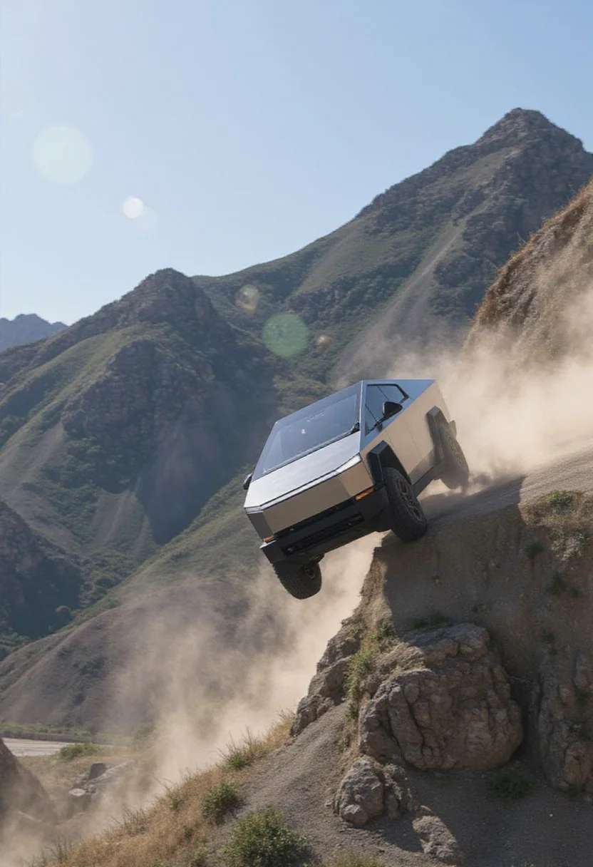 Professional documentary photo in which a cybertruck has driven off the edge of a cliff and left a trail of dust behind it as it plummets downward.