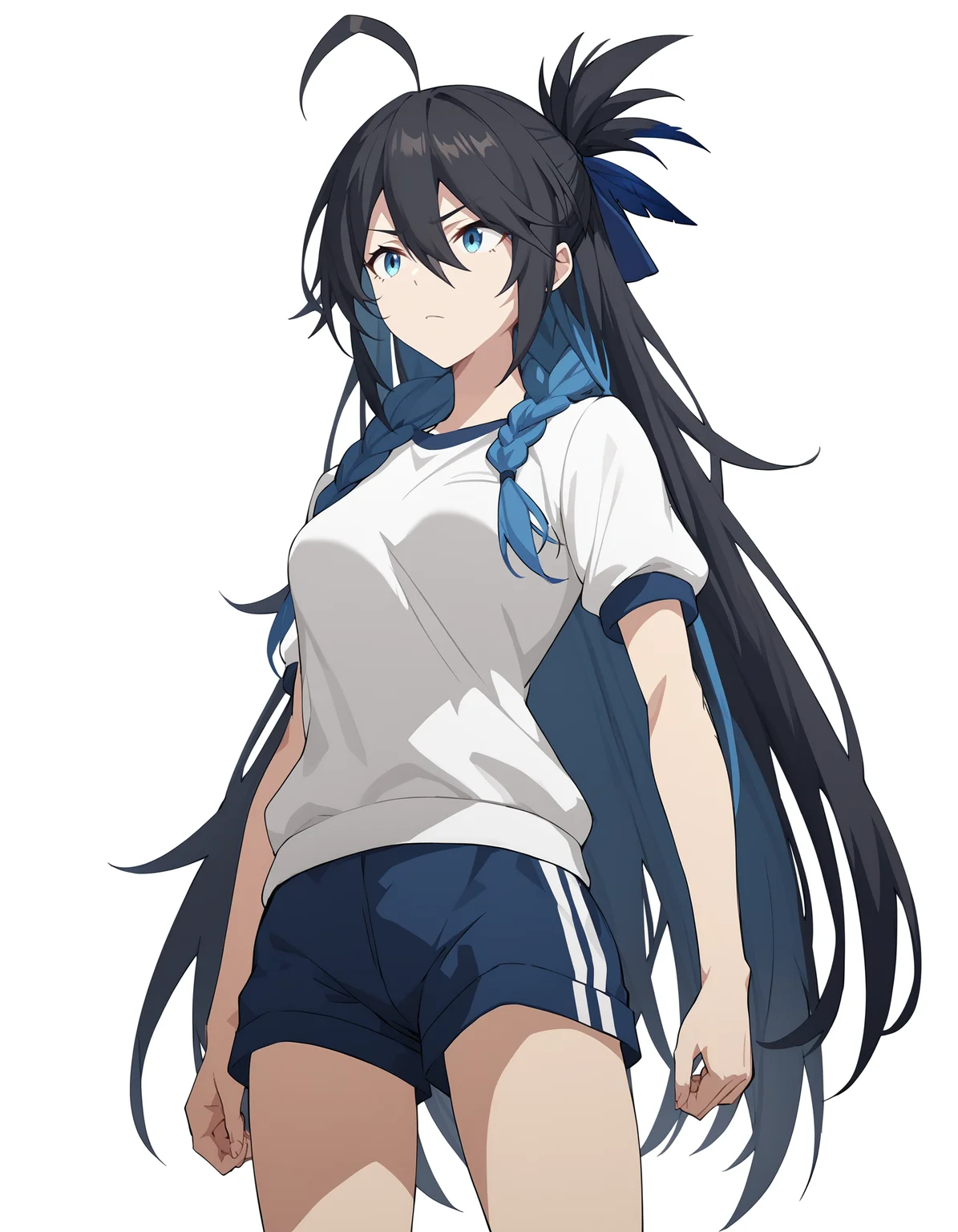 score_9,score_8_up,score_7_up,white background,simple background,gym_uniform,gym_shorts,
<lora:gutu_pony:0.6>,gutu,1girl,solo,blue eyes,long hair,black hair,ahoge,braid,bangs,hair between eyes,feathers,<lora:Anime_Screencap:1>,anime screencap,medium breasts,thighs,